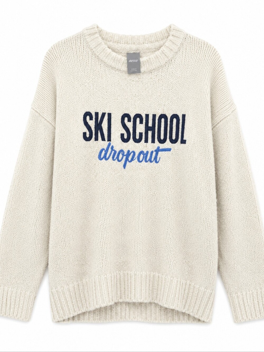 NWT aerie Cream Oversize Crewneck Sweater with Navy and Blue Ski School Graphic
